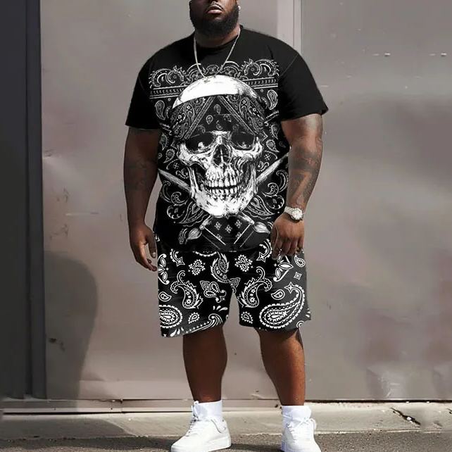 Men's Plus Size Street Hip Hop Skull Paisley Print T-Shirt Shorts Set