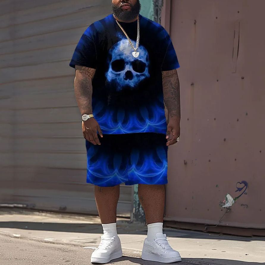Men's Plus Size Street Hip Hop Skull Chain Print T-Shirt Shorts Set