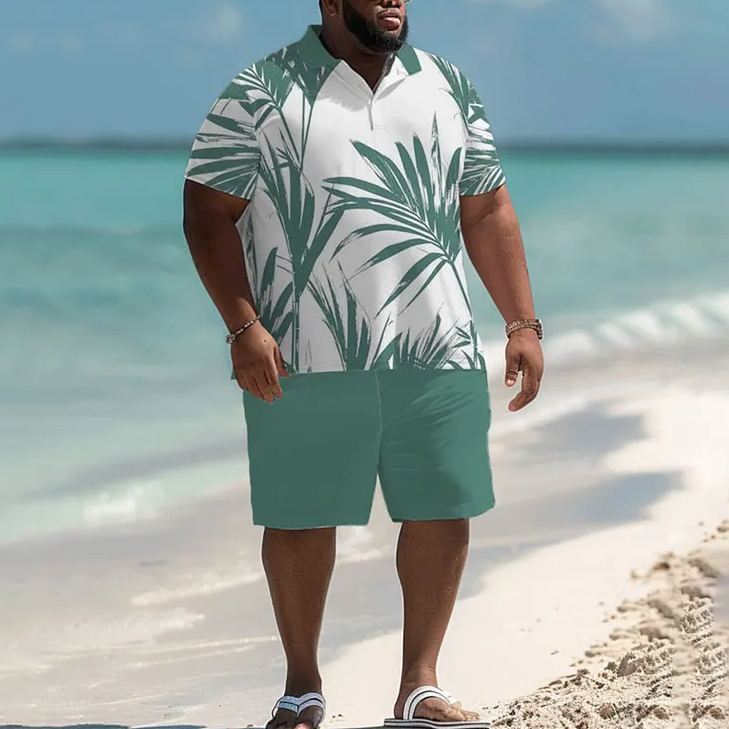 Hawaiian Hawaiian Palm Leaf Print Men's Plus Size Polo Shirt Set
