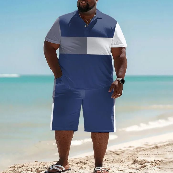 Hawaiian Simple Contrast Blue Print Men's Plus Size Polo Shirt Set