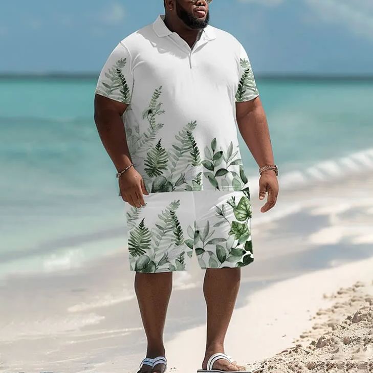 Hawaiian Tropical Leaf Print Men's Plus Size Polo Shirt Set