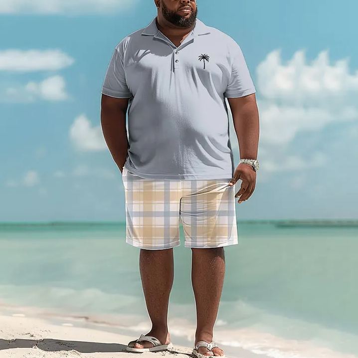 Hawaiian Simple Solid Color Plaid Coconut Tree Men's Plus Size Polo Shirt Set