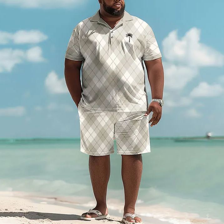 Vacation Color Block Grid Coconut Tree Print Men's Plus Size Polo Shirt Set