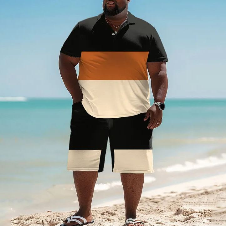 Simple Color Blocks Print Men's Plus Size Polo Shirt Set