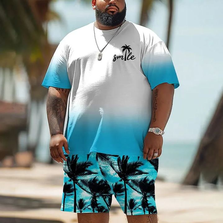 Hawaiian Ombre Coconut Tree Print Short Sleeve Men's Plus Size Set