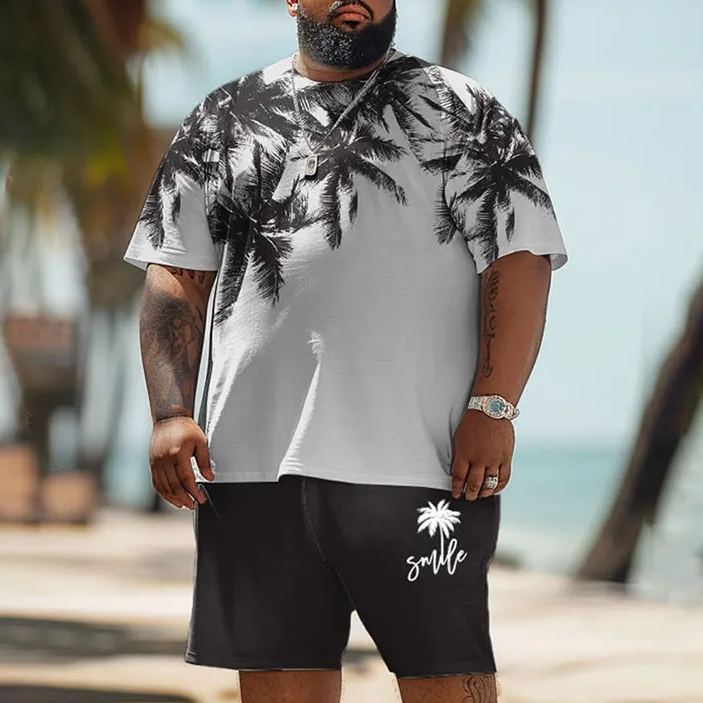 Coconut Tree Print T-shirt Shorts Hawaiian Men's Plus Size Set