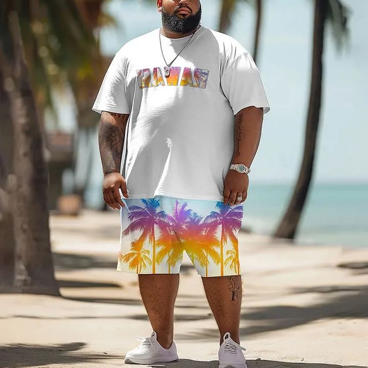 Vacation Ombre Coconut Tree Print T-Shirt Shorts Men's Plus Size Set