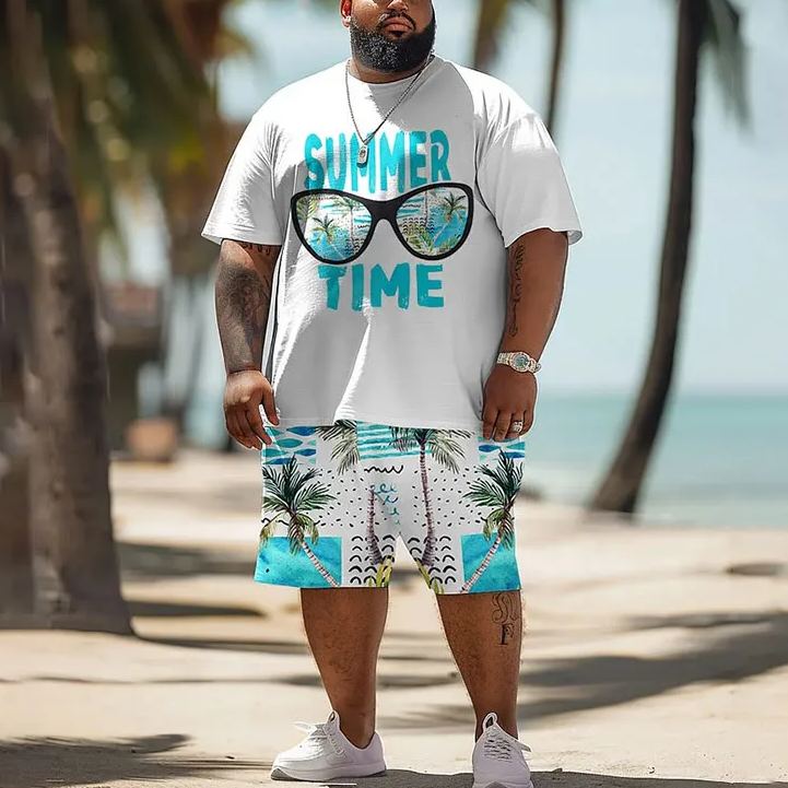 Vacation Hawaiian Glasses Alphabet Print T-shirt Shorts Men's Plus Size Set
