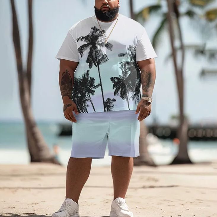 Vacation Hawaiian Plant Ombre Print T-shirt Shorts Men's Plus Size Set