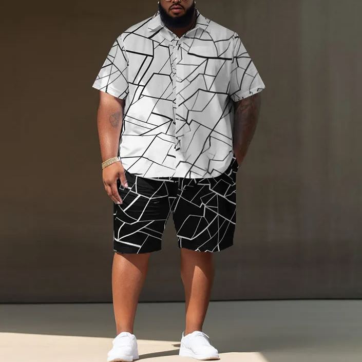 Summer Abstract Geometric Shapes Men's Plus Size Shirt Set