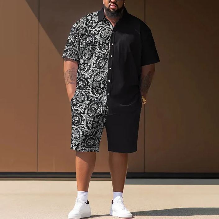 Summer Color Block Ethnic Elements Printed Men's Plus Size Shirt Set