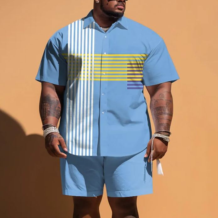 Summer Simple Color Block Stripes Printed Men's Plus Size Shirt Set