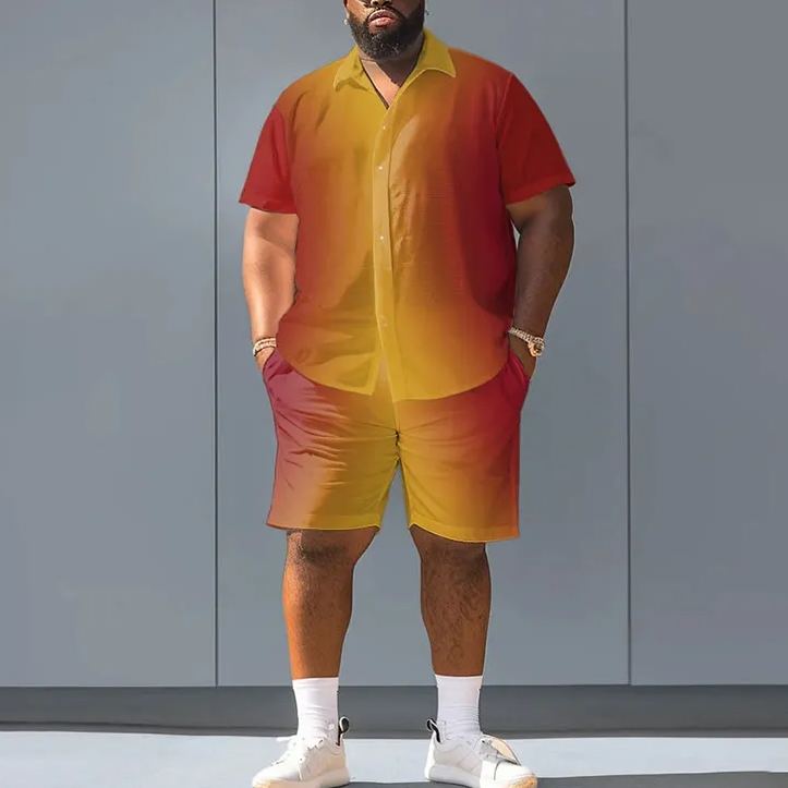 Summer Simple Ombre Printed Men's Plus Size Shirt Set