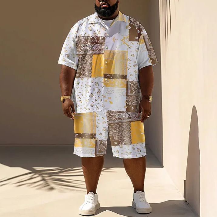 Summer Color Block Ethnic Elements  Printed Men's Plus Size Shirt Set