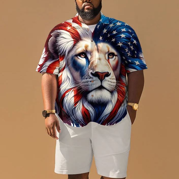 Summer American Flag Lion Printed Men's Plus Size Shirt Set