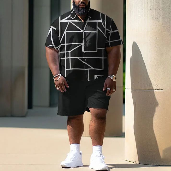 Summer Black Abstract Geometric Shapes Printed Men's Plus Size Shirt Set