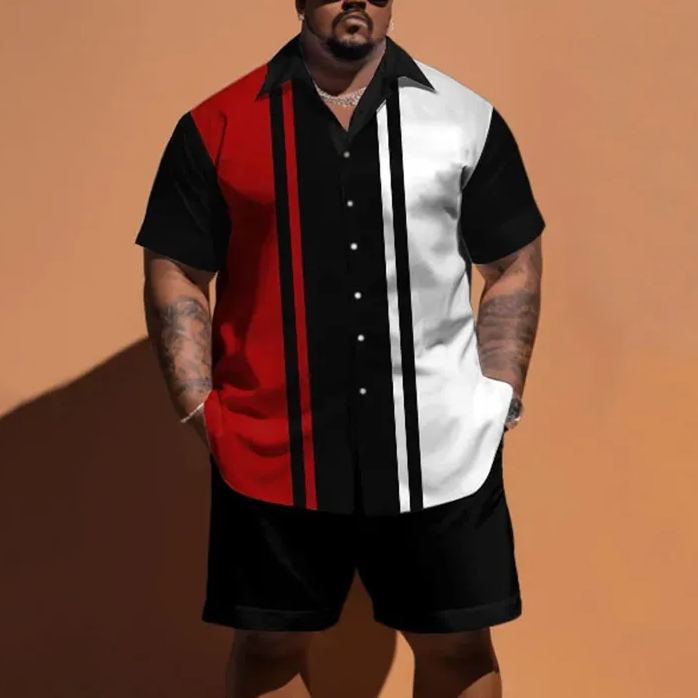 Summer Business Simple Color Block Stripes Printed Men's Plus Size Shirt Set