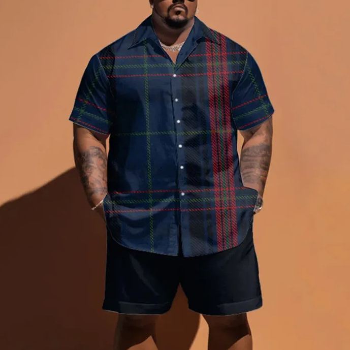 Summer Color Block Check Printed Men's Plus Size Shirt Set