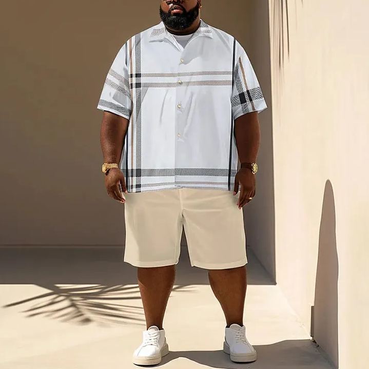 Summer Simple Business Stripes Printed Men's Plus Size Shirt Set
