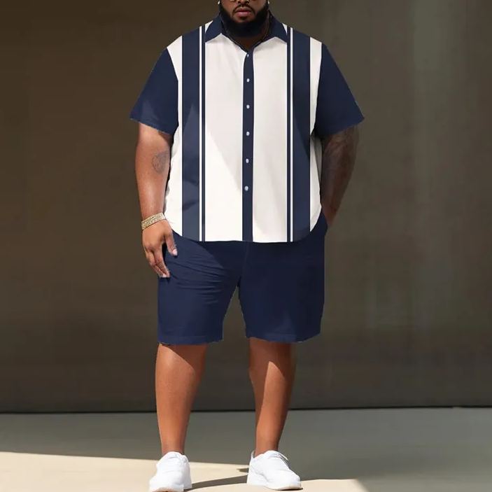 Summer Simple Color Block Stripes Printed Men's Plus Size Shirt Set