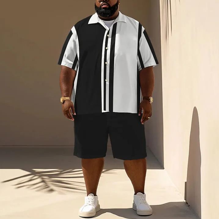 Summersimple Black And White Stripes Printed Men's Plus Size Shirt Set