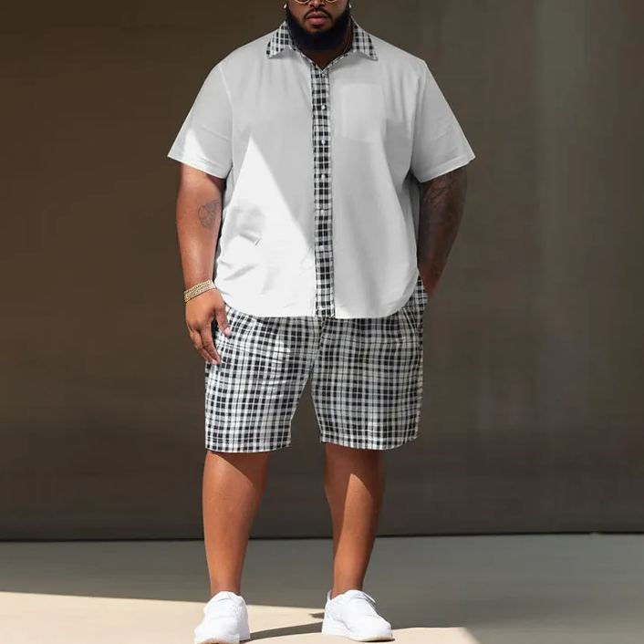 Summer Simple Simple Black And White Plaid Printed Men's Plus Size Shirt Set