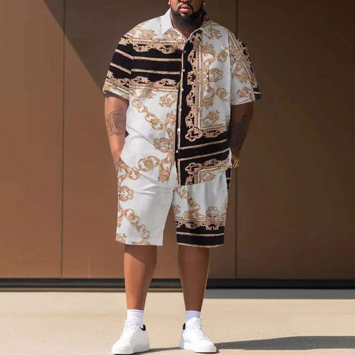 Summer Ethnic Prints Holiday Men's Plus Size Shirt Set