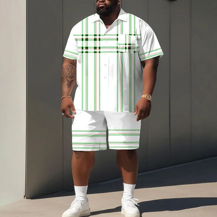Summer Simple Striped Plaid Printed Men's Plus Size Shirt Set