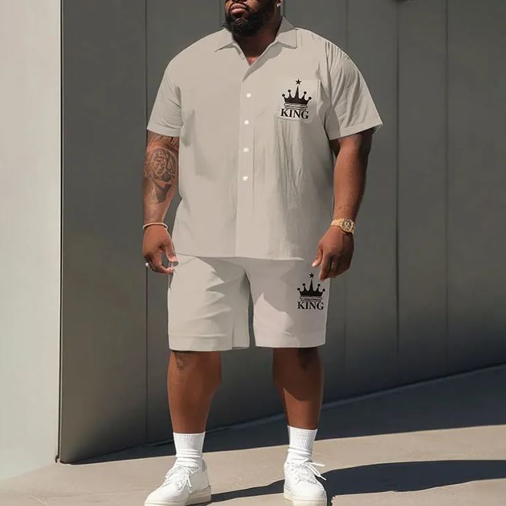 Summer Solid Color King Crown Pattern Printed Men's Plus Size Shirt Set