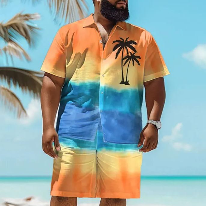 Summer Ombre Coconut Tree Print Men's Plus Size Shirt Set