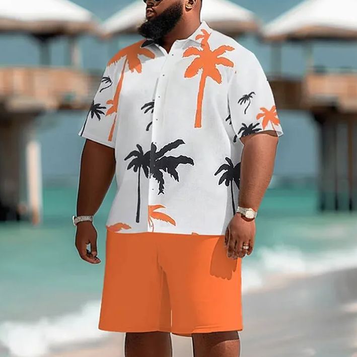 Orange Hawaiian Coconut Tree Print Men's Plus Size Shirt Set