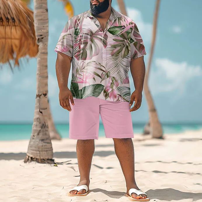 Hawaiian Plant Print Men's Plus Size Shirt Set