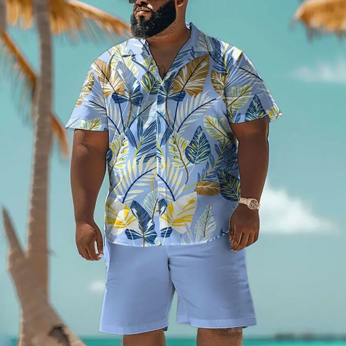 Hawaiian Tropical Leaf Print Men's Plus Size Shirt Set