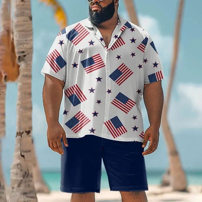 Summer Independence Day Flag Print Men's Plus Size Shirt Set