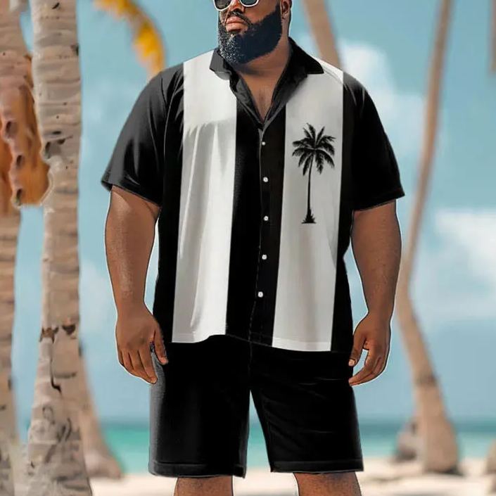 Hawaiian Simple Plant Print Men's Plus Size Shirt Set