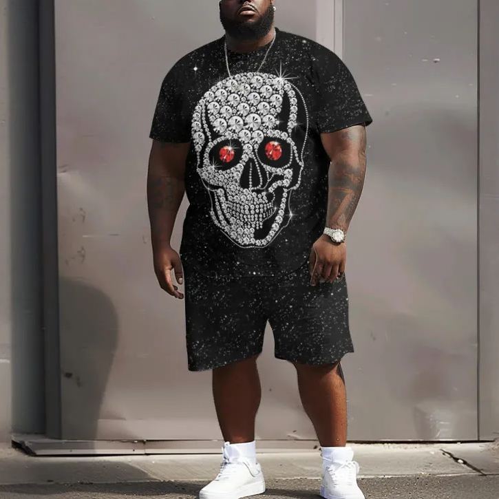 Shine Like A Diamond Skull Print Men's Plus Size T-shirt Set
