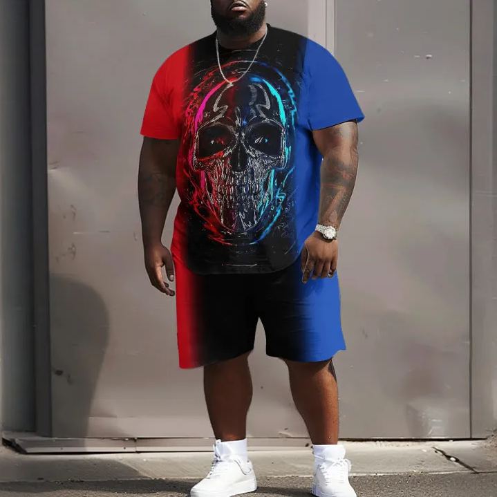 Contrast Color Psychedelic Skull Print Men's Plus Size T-shirt Set