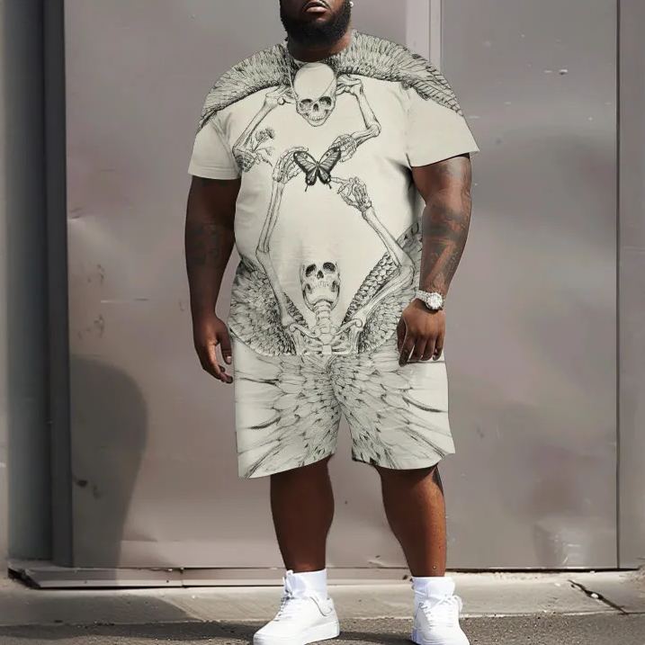 Wings Skull Print Men's Plus Size T-shirt Set