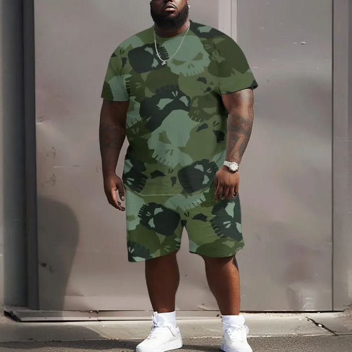 Camouflage Skull Print Men's Plus Size T-shirt Set