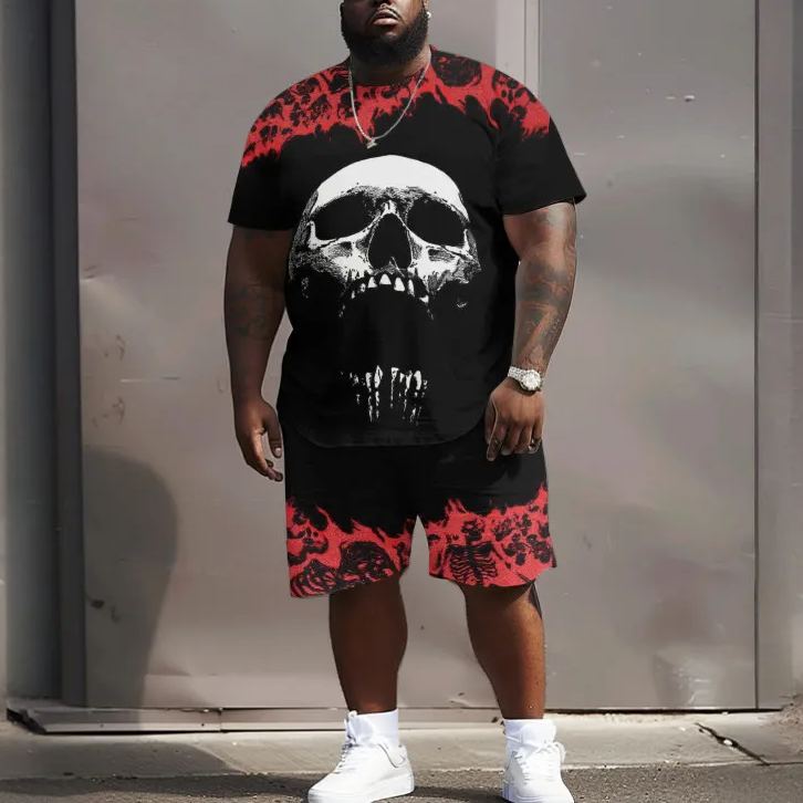 Contrast Flame Skull Print Men's Plus Size T-shirt Set