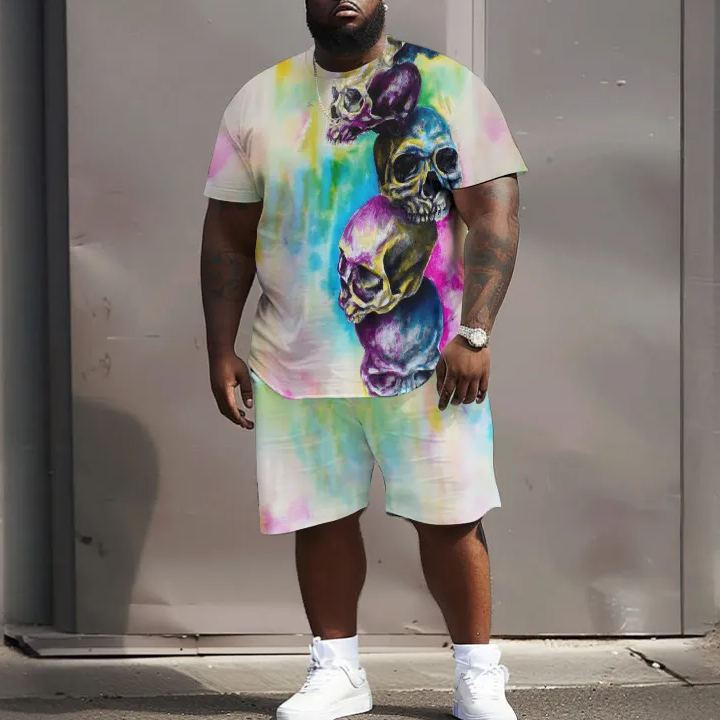 Rainbow Watercolor Skull Print Men's Plus Size T-shirt Set