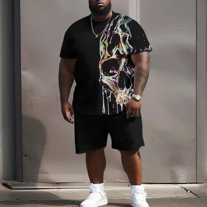 Asymmetric Liquefied Skull Print Men's Plus Size T-shirt Set