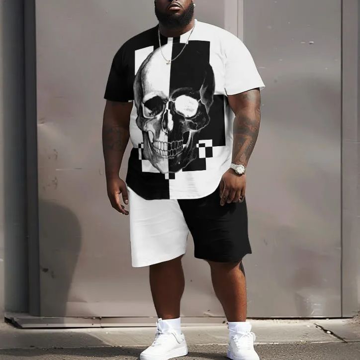 Contrast Geometric Skull Print Men's Plus Size T-shirt Set