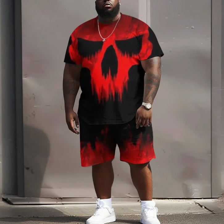 Contrast Burning Skull Print Men's Plus Size T-shirt Set