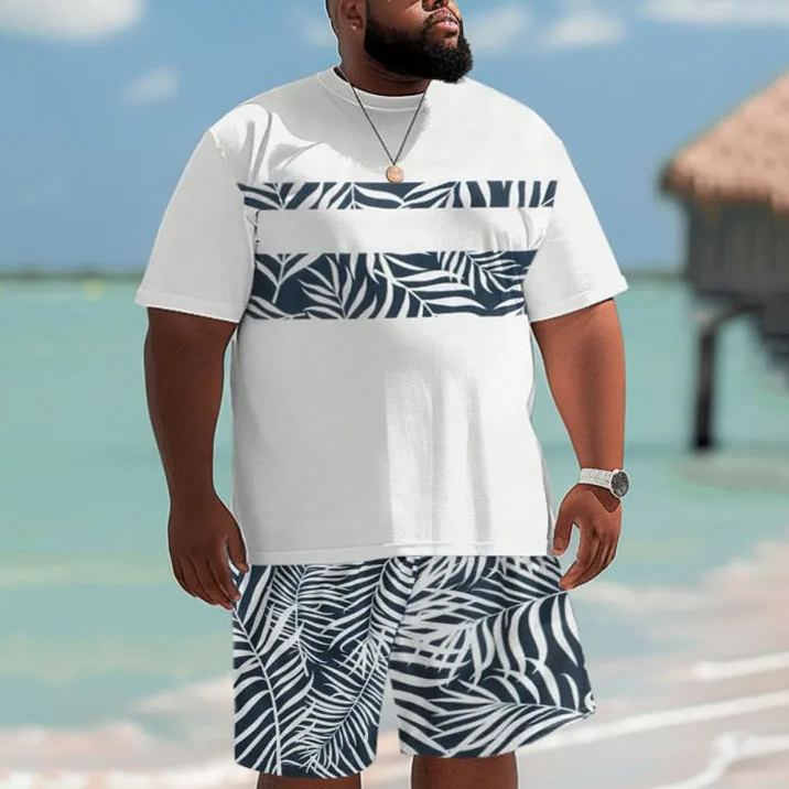 Hawaiian Leaf Print Shorts Men's Plus Size Set