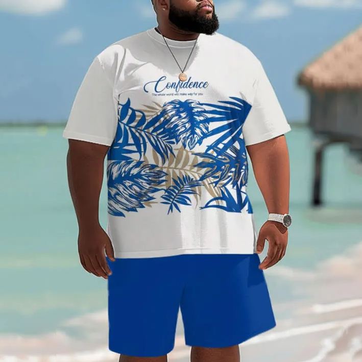 Vacation Tropical Leaf Print Short Sleeve Men's Plus Size Set