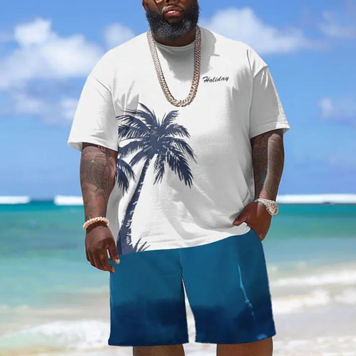 Holiday Coconut Tree Print Short Sleeve Men's Plus Size Set