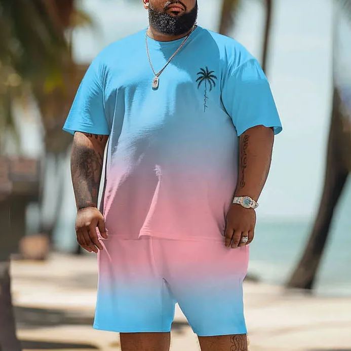 Hawaiian Ombre Coconut Tree Print Short Sleeve Men's Plus Size Set
