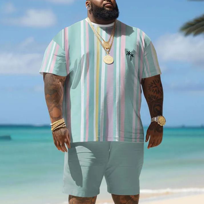Hawaiian Striped Coconut Tree Print Short Sleeve Men's Plus Size Set