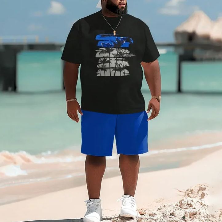 Hawaiian Coconut Tree Print Short Sleeve Men's Plus Size Set